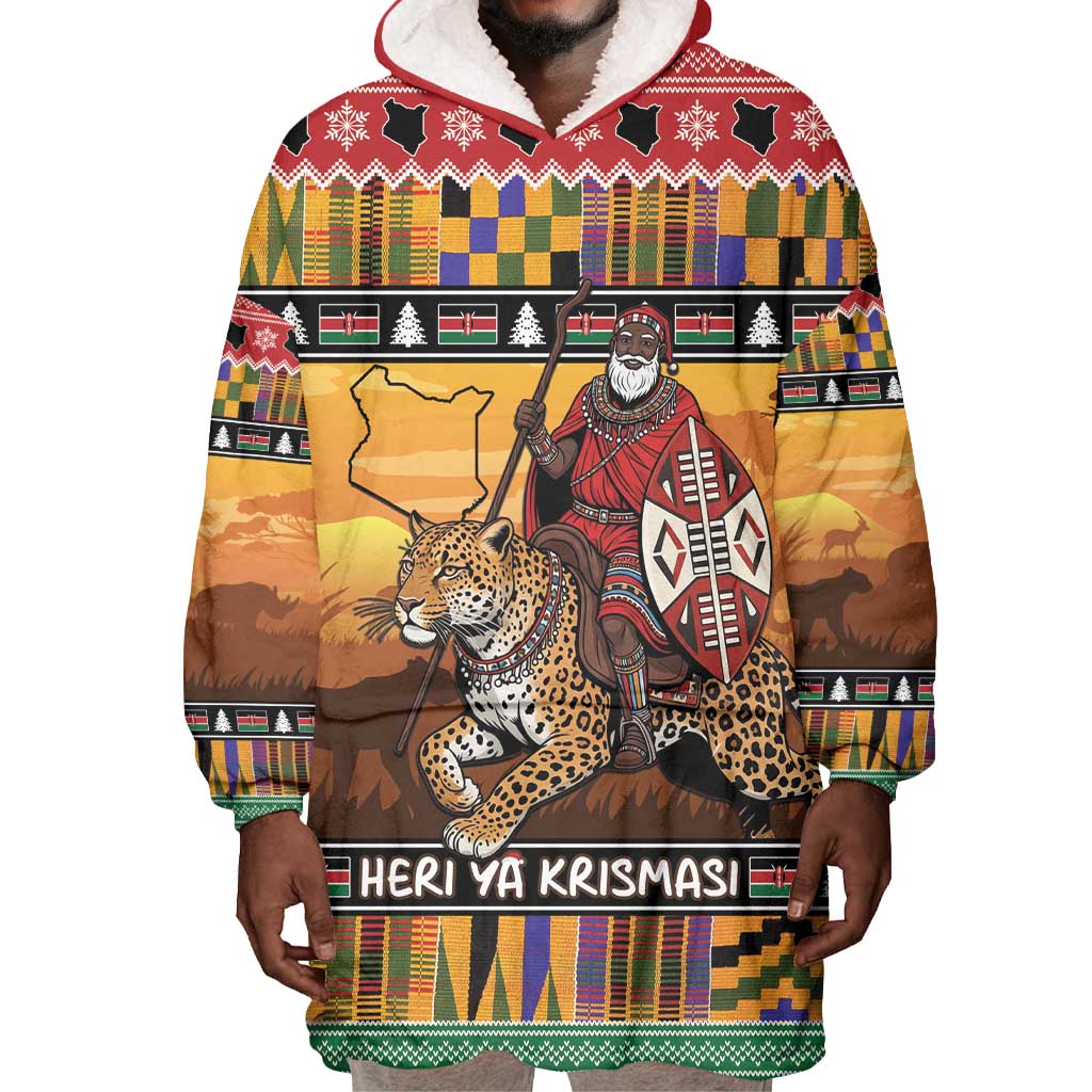 Afro Christmas in Kenya Safari Wearable Blanket Hoodie Black Santa Riding Leopards - African Pride