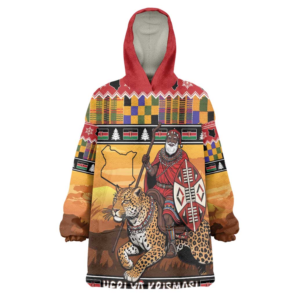 Afro Christmas in Kenya Safari Wearable Blanket Hoodie Black Santa Riding Leopards - African Pride