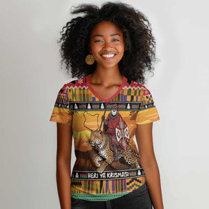 Afro Christmas in Kenya Safari Women V-Neck T-Shirt Black Santa Riding Leopards - African Pride