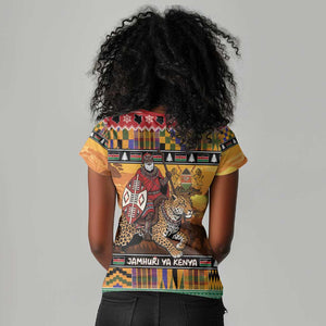 Afro Christmas in Kenya Safari Women V-Neck T-Shirt Black Santa Riding Leopards - African Pride