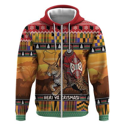 Afro Christmas in Kenya Safari Zip Hoodie Black Santa Riding Leopards - African Pride