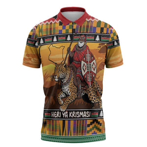 Kenya Safari Christmas Zipper Polo Shirt Black Santa Riding Leopards - Heri ya Krismasi