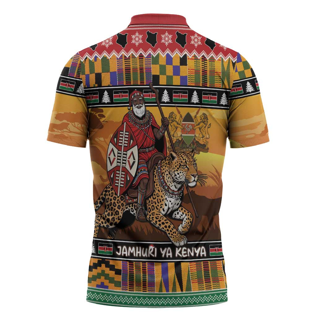 Kenya Safari Christmas Zipper Polo Shirt Black Santa Riding Leopards - Heri ya Krismasi