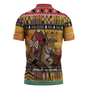 Kenya Safari Christmas Zipper Polo Shirt Black Santa Riding Leopards - Heri ya Krismasi