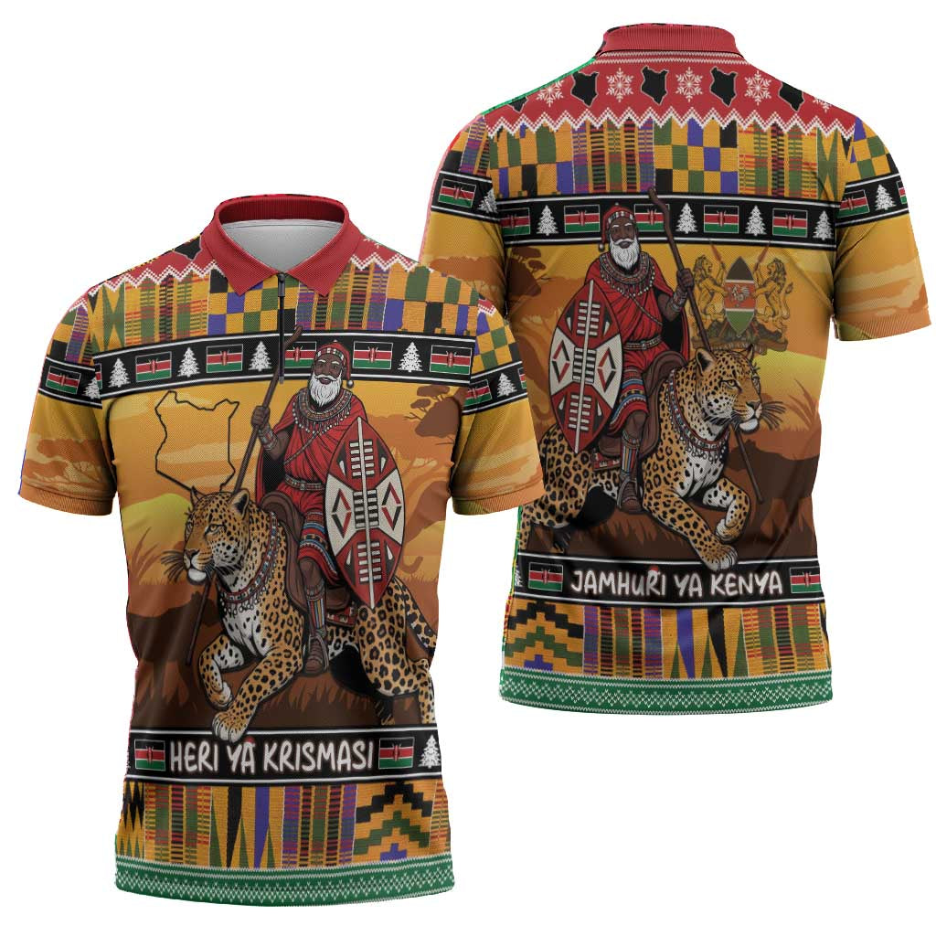 Kenya Safari Christmas Zipper Polo Shirt Black Santa Riding Leopards - Heri ya Krismasi