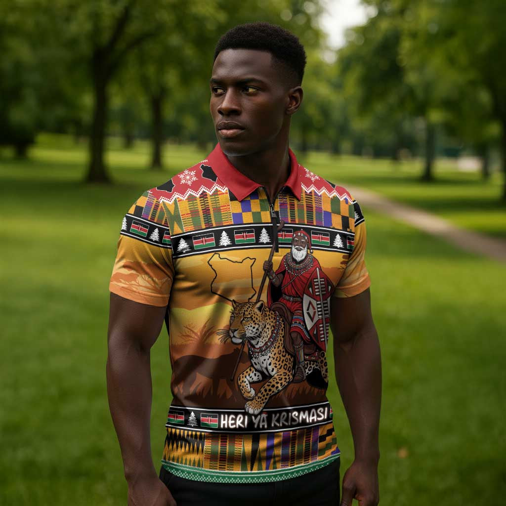 Kenya Safari Christmas Zipper Polo Shirt Black Santa Riding Leopards - Heri ya Krismasi