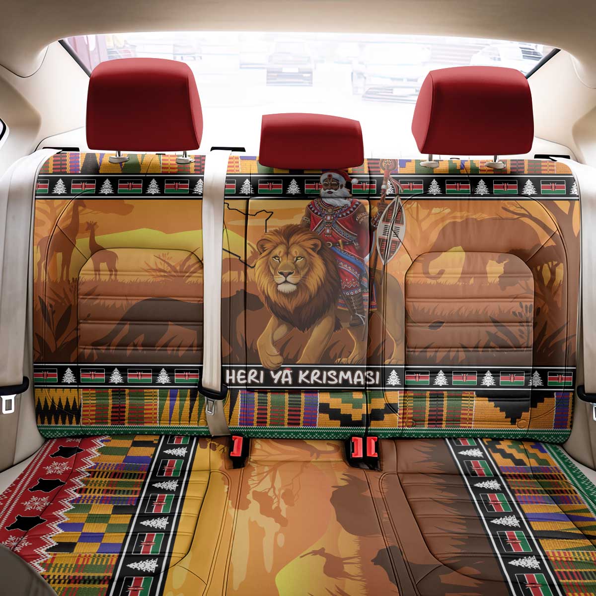 Afro Christmas in Kenya Safari Back Car Seat Cover Black Santa Riding Lion - African Pride