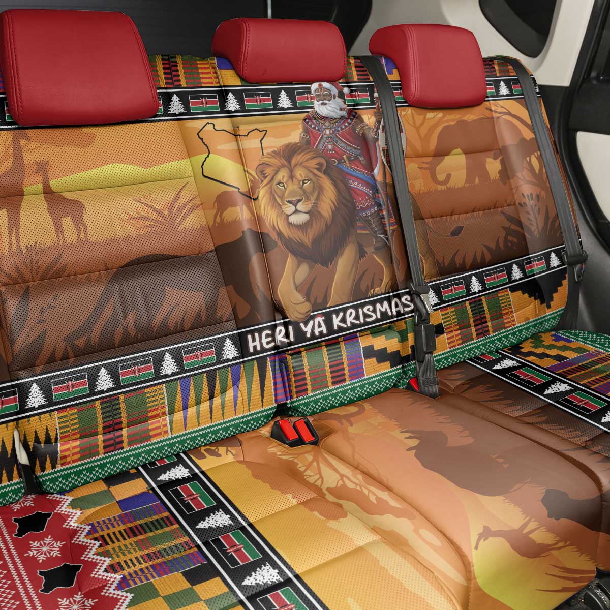 Afro Christmas in Kenya Safari Back Car Seat Cover Black Santa Riding Lion - African Pride