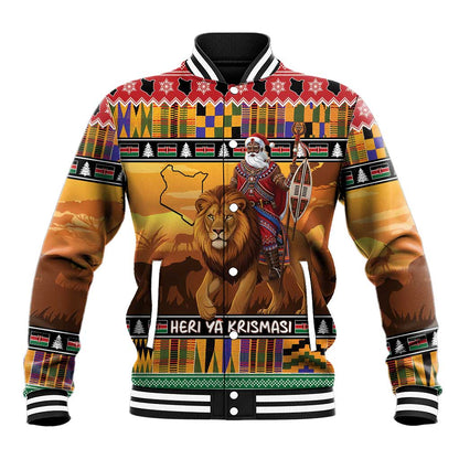 Afro Christmas in Kenya Safari Baseball Jacket Black Santa Riding Lion - African Pride