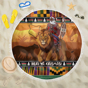 Afro Christmas in Kenya Safari Beach Blanket Black Santa Riding Lion - African Pride