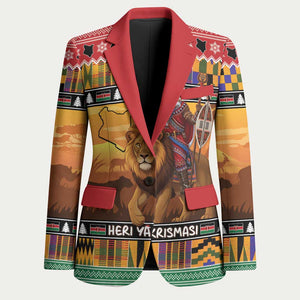 Kenya Safari Christmas Blazer Black Santa Riding Lion - Heri ya Krismasi