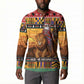 Kenya Safari Christmas Button Sweatshirt Black Santa Riding Lion - Heri ya Krismasi