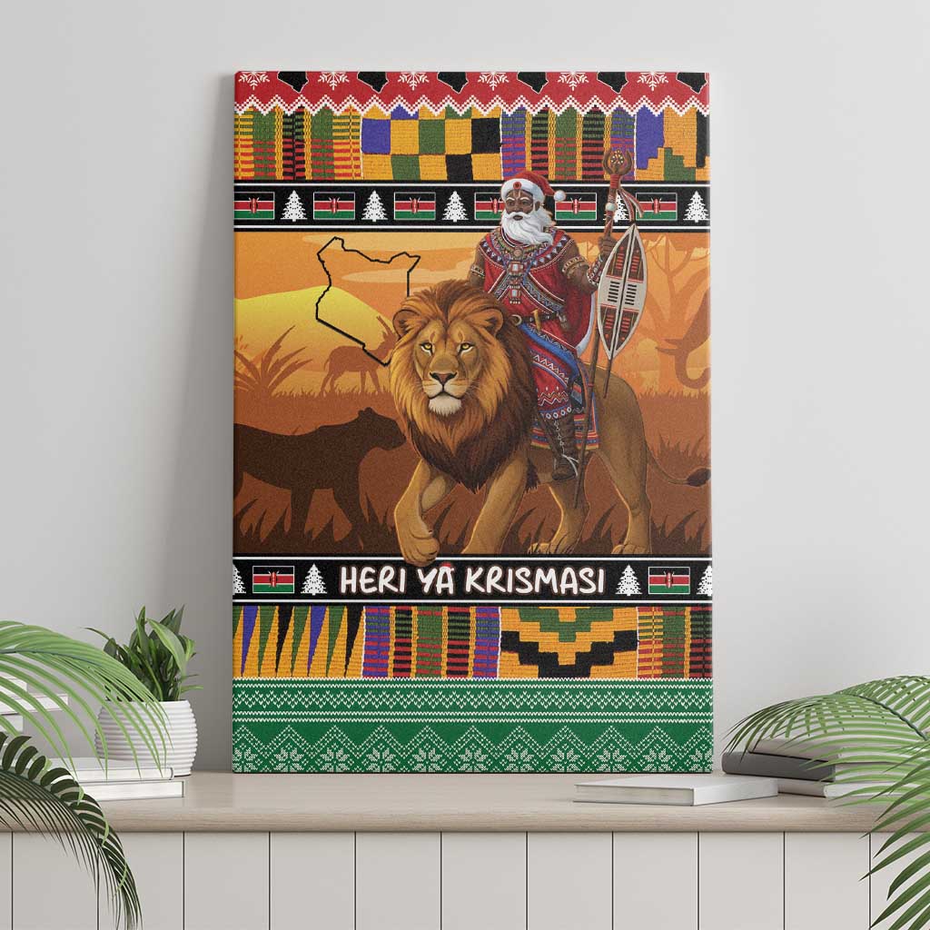 Afro Christmas in Kenya Safari Canvas Wall Art Black Santa Riding Lion - African Pride