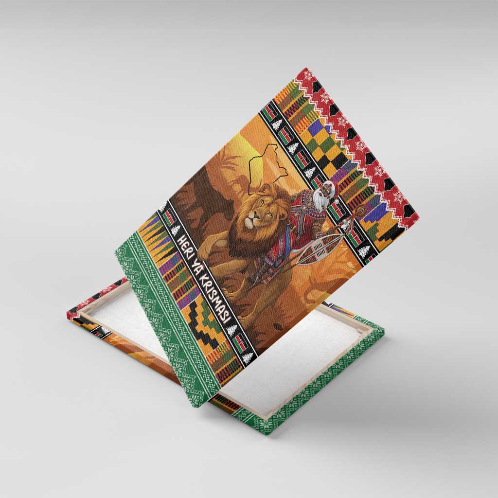 Afro Christmas in Kenya Safari Canvas Wall Art Black Santa Riding Lion - African Pride