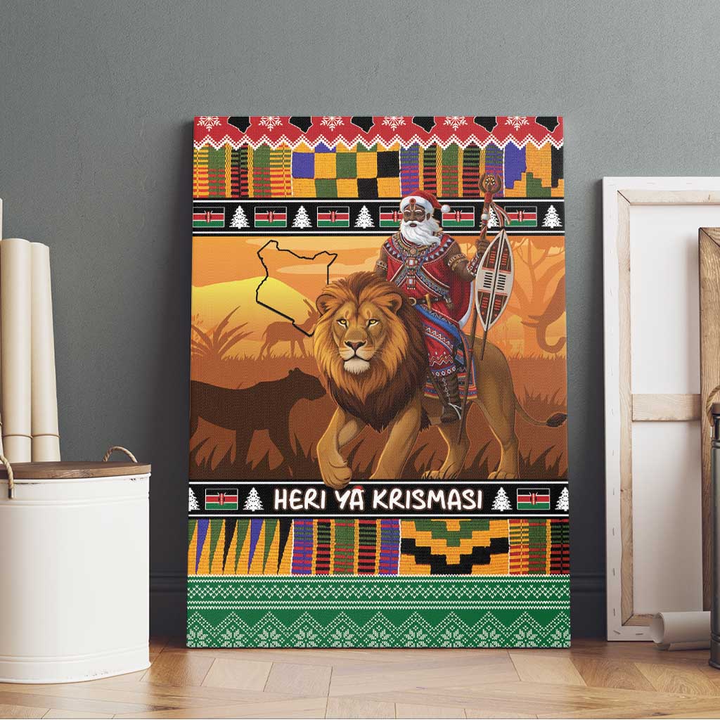 Afro Christmas in Kenya Safari Canvas Wall Art Black Santa Riding Lion - African Pride