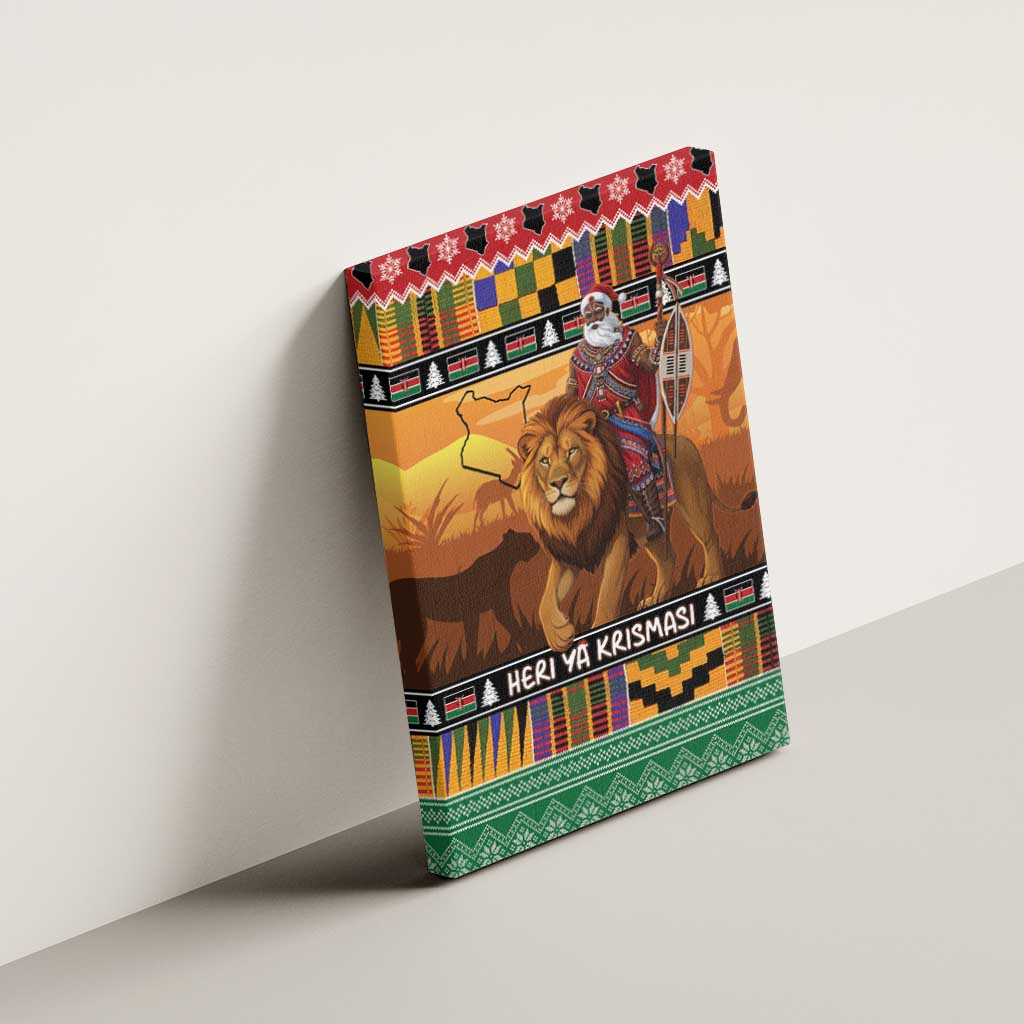 Afro Christmas in Kenya Safari Canvas Wall Art Black Santa Riding Lion - African Pride