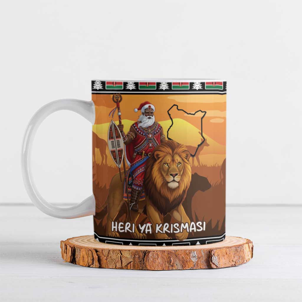 Kenya Safari Christmas Ceramic Mug Black Santa Riding Lion - Heri ya Krismasi