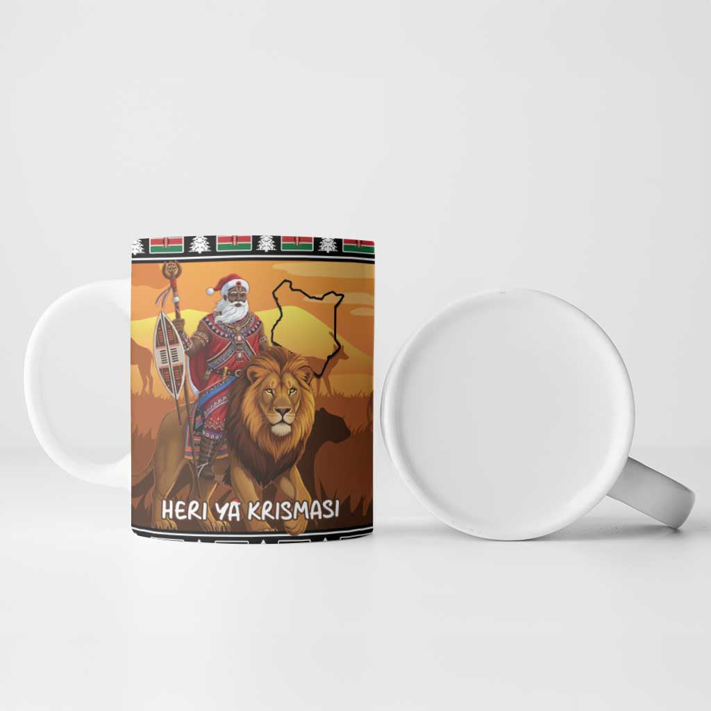 Kenya Safari Christmas Ceramic Mug Black Santa Riding Lion - Heri ya Krismasi