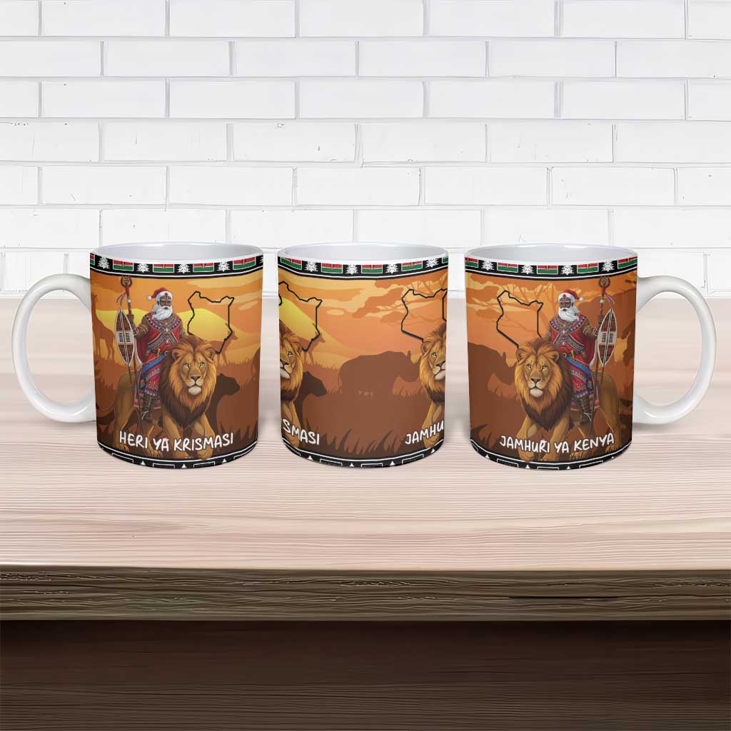Kenya Safari Christmas Ceramic Mug Black Santa Riding Lion - Heri ya Krismasi