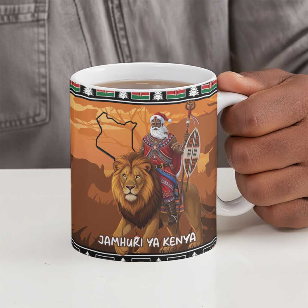 Kenya Safari Christmas Ceramic Mug Black Santa Riding Lion - Heri ya Krismasi