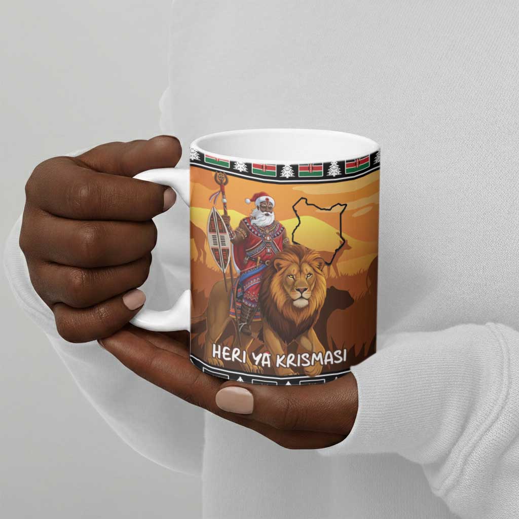 Kenya Safari Christmas Ceramic Mug Black Santa Riding Lion - Heri ya Krismasi