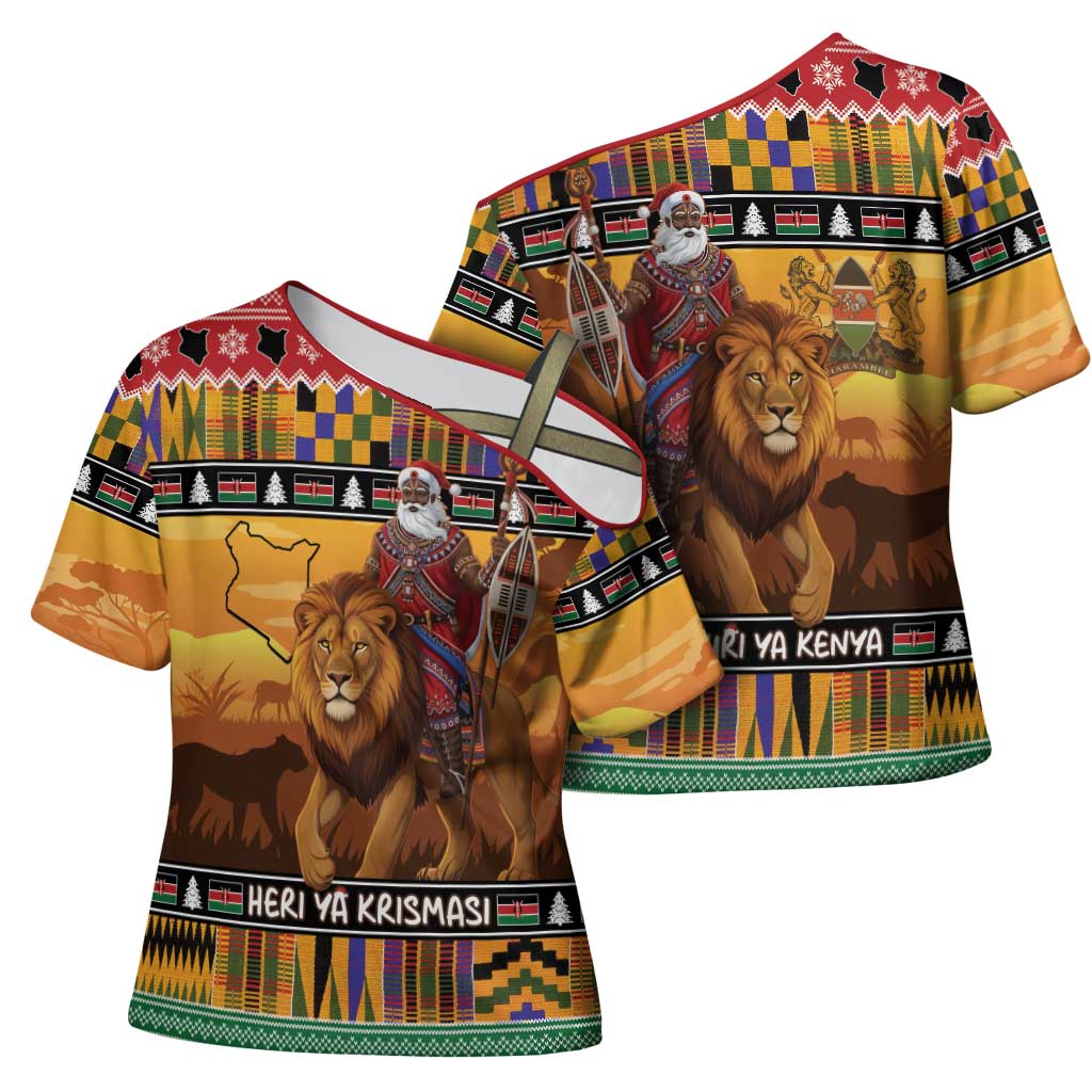 Kenya Safari Christmas Cross Shoulder Shirt Black Santa Riding Lion - Heri ya Krismasi