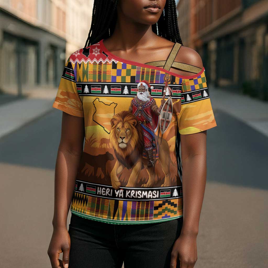 Kenya Safari Christmas Cross Shoulder Shirt Black Santa Riding Lion - Heri ya Krismasi