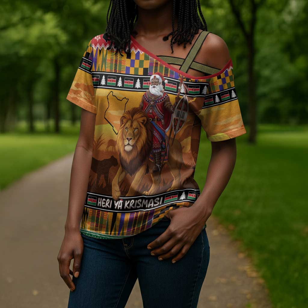 Kenya Safari Christmas Cross Shoulder Shirt Black Santa Riding Lion - Heri ya Krismasi
