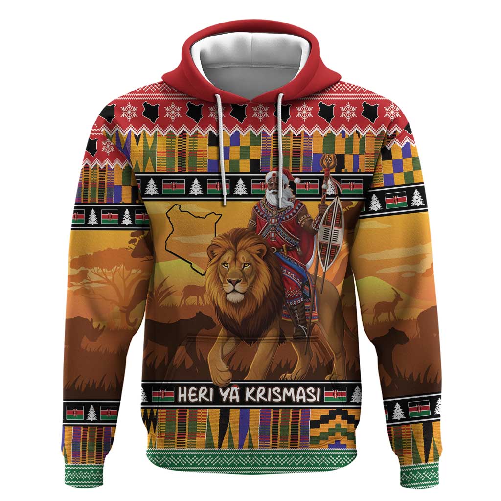 Afro Christmas in Kenya Safari Hoodie Black Santa Riding Lion - African Pride