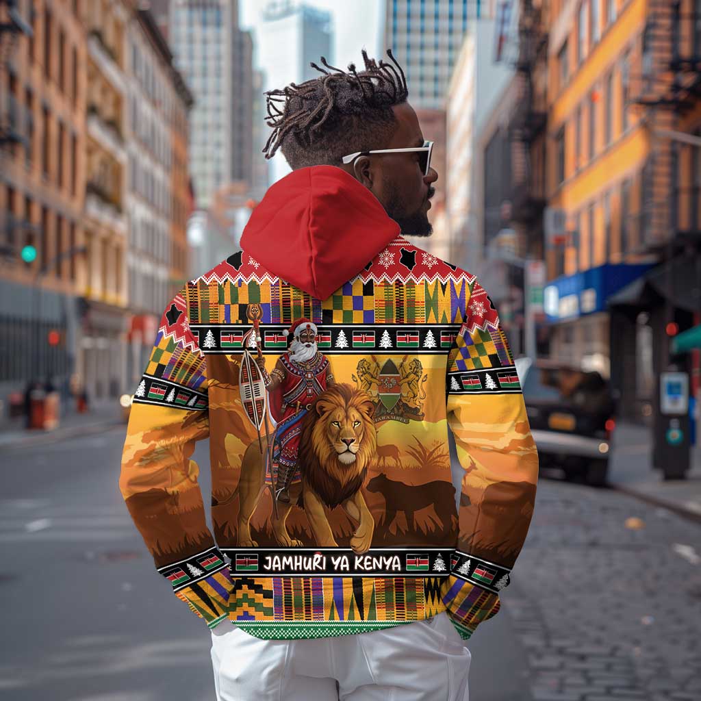 Afro Christmas in Kenya Safari Hoodie Black Santa Riding Lion - African Pride