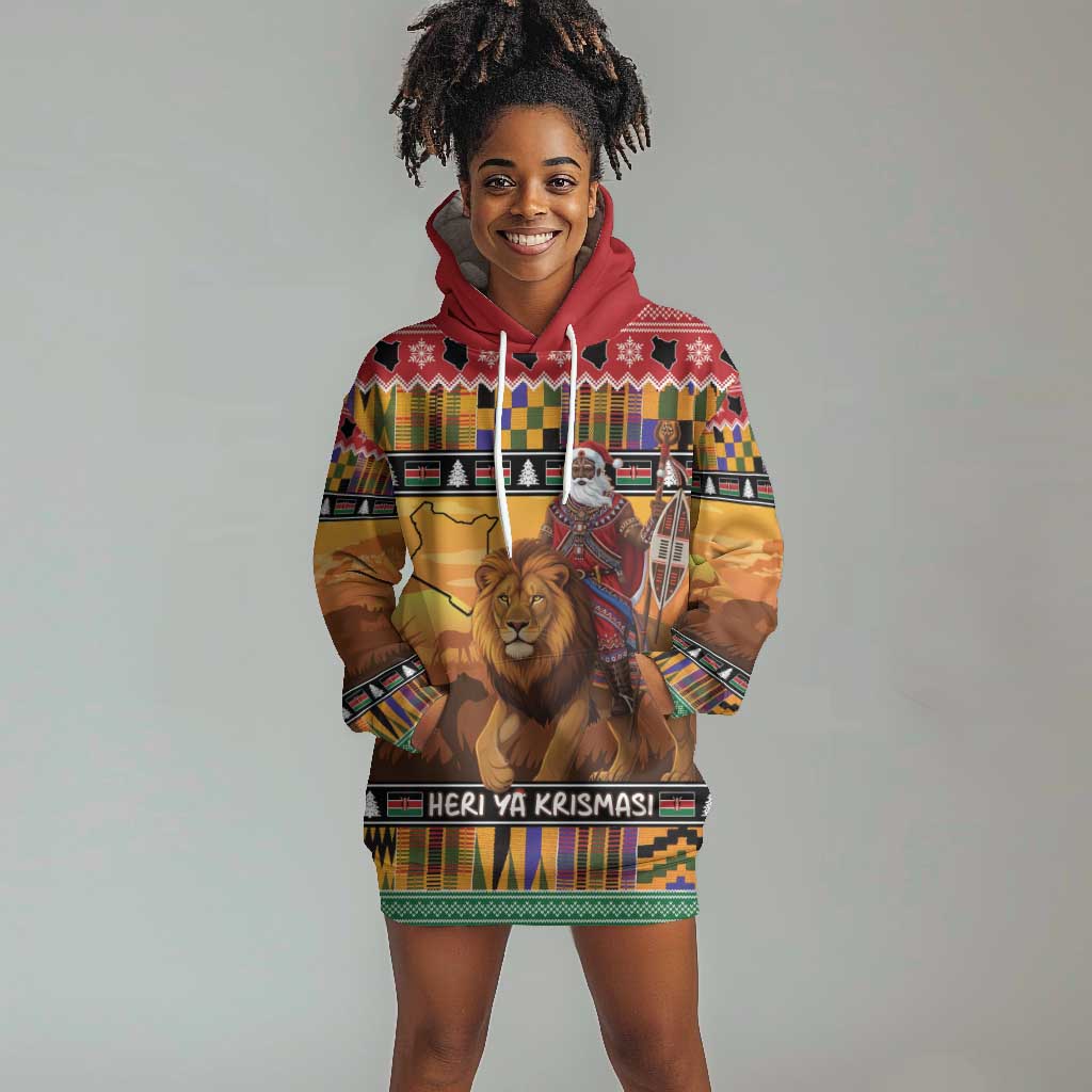 Afro Christmas in Kenya Safari Hoodie Dress Black Santa Riding Lion - African Pride