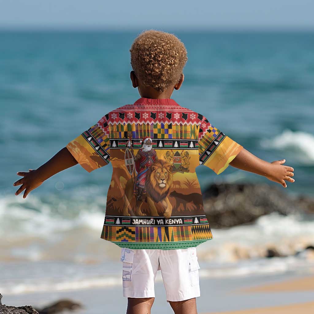 Afro Christmas in Kenya Safari Kid Hawaiian Shirt Black Santa Riding Lion - African Pride