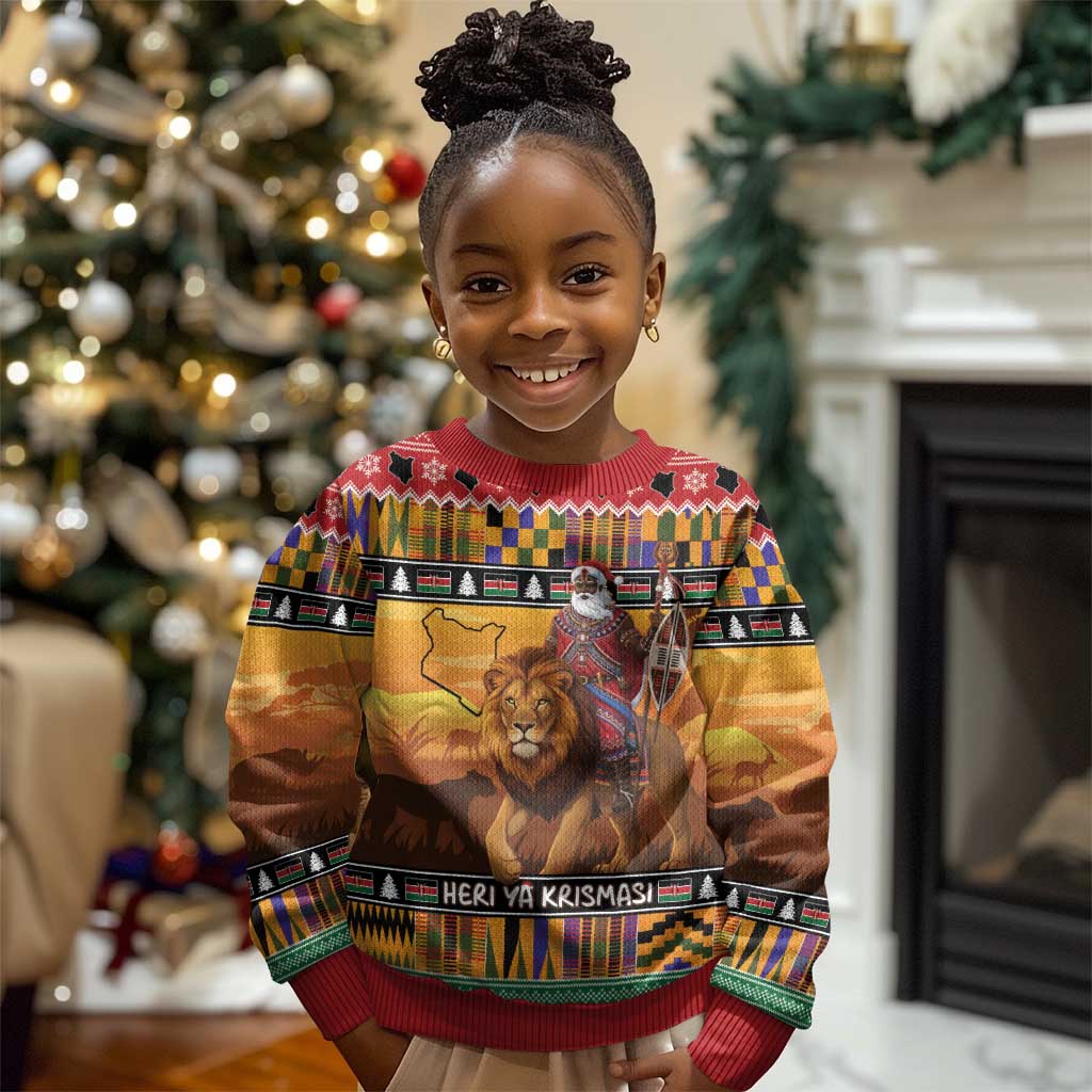 Afro Christmas in Kenya Safari Kid Ugly Christmas Sweater Black Santa Riding Lion - African Pride