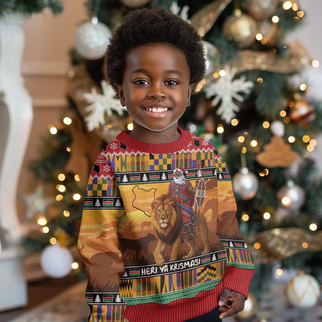 Afro Christmas in Kenya Safari Kid Ugly Christmas Sweater Black Santa Riding Lion - African Pride