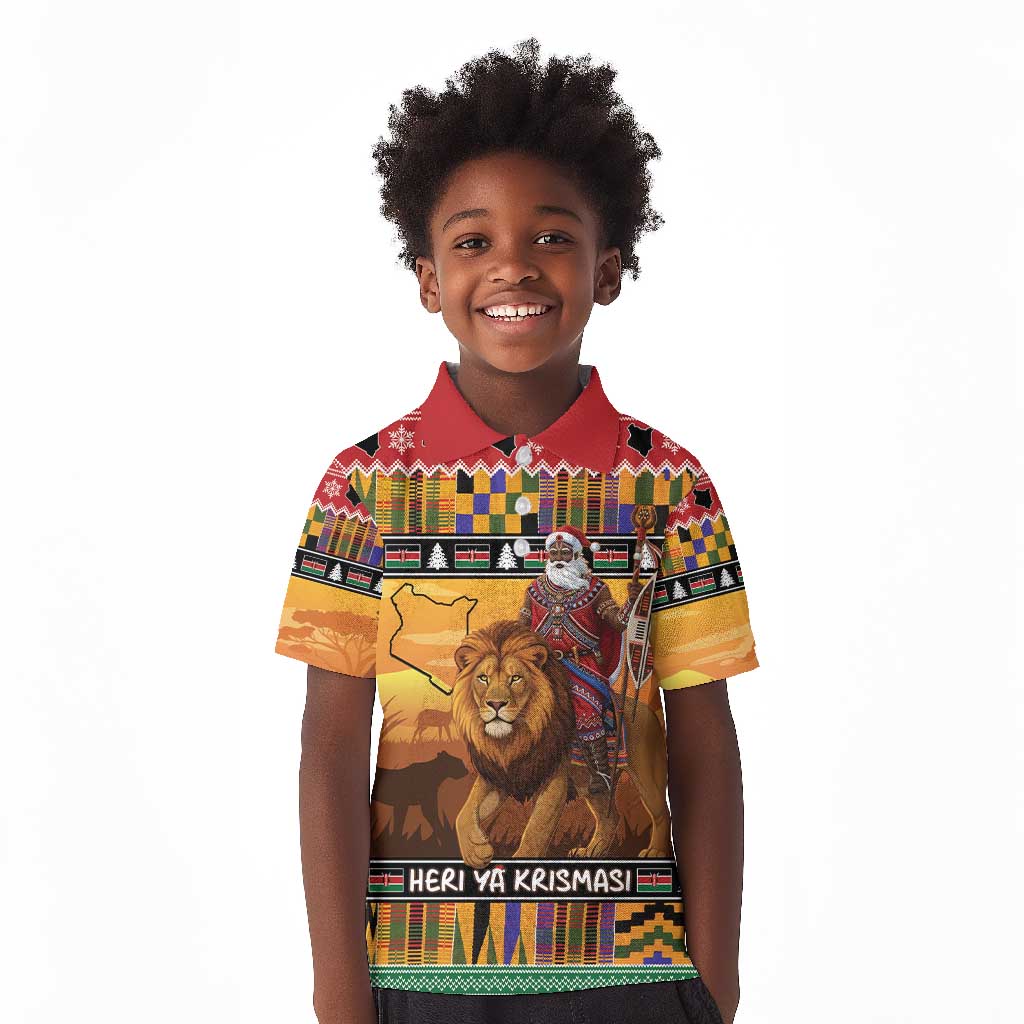 Afro Christmas in Kenya Safari Kid Polo Shirt Black Santa Riding Lion - African Pride