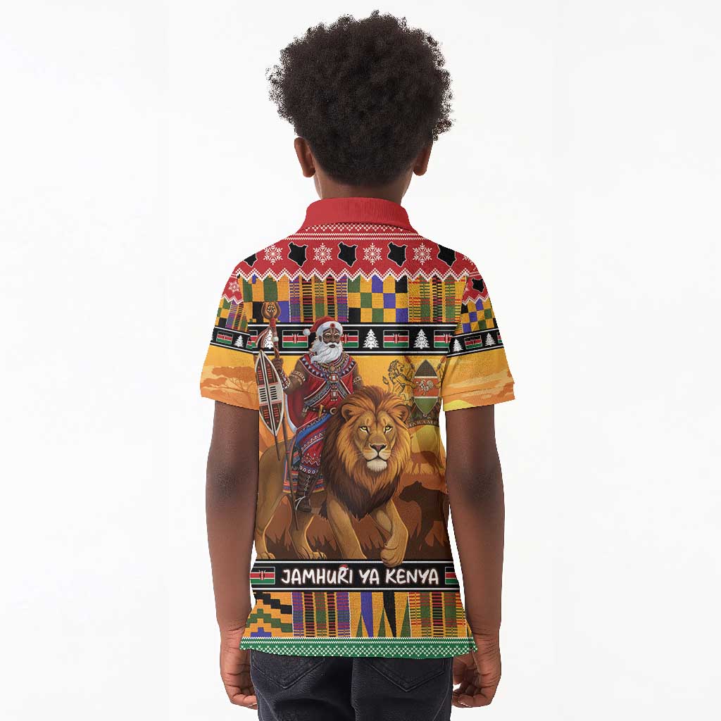 Afro Christmas in Kenya Safari Kid Polo Shirt Black Santa Riding Lion - African Pride