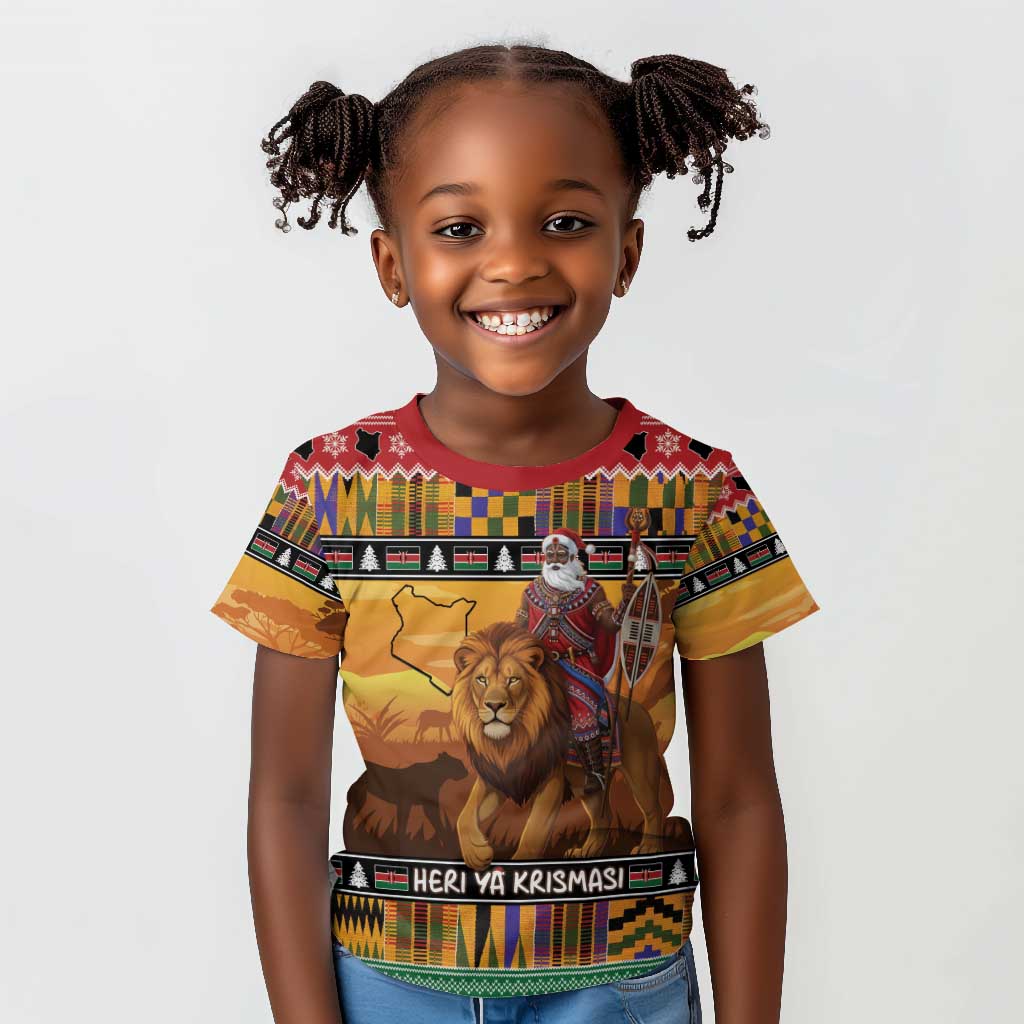 Afro Christmas in Kenya Safari Kid T shirt Black Santa Riding Lion - African Pride
