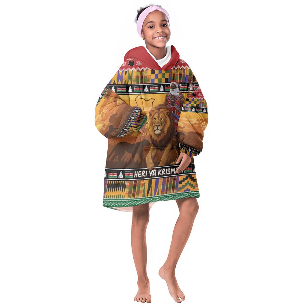 Afro Christmas in Kenya Safari Kid Wearable Blanket Hoodie Black Santa Riding Lion - African Pride