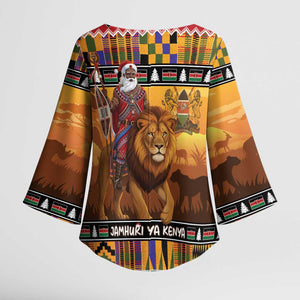 Kenya Safari Christmas Kimono Sleeve Blouse Black Santa Riding Lion - Heri ya Krismasi