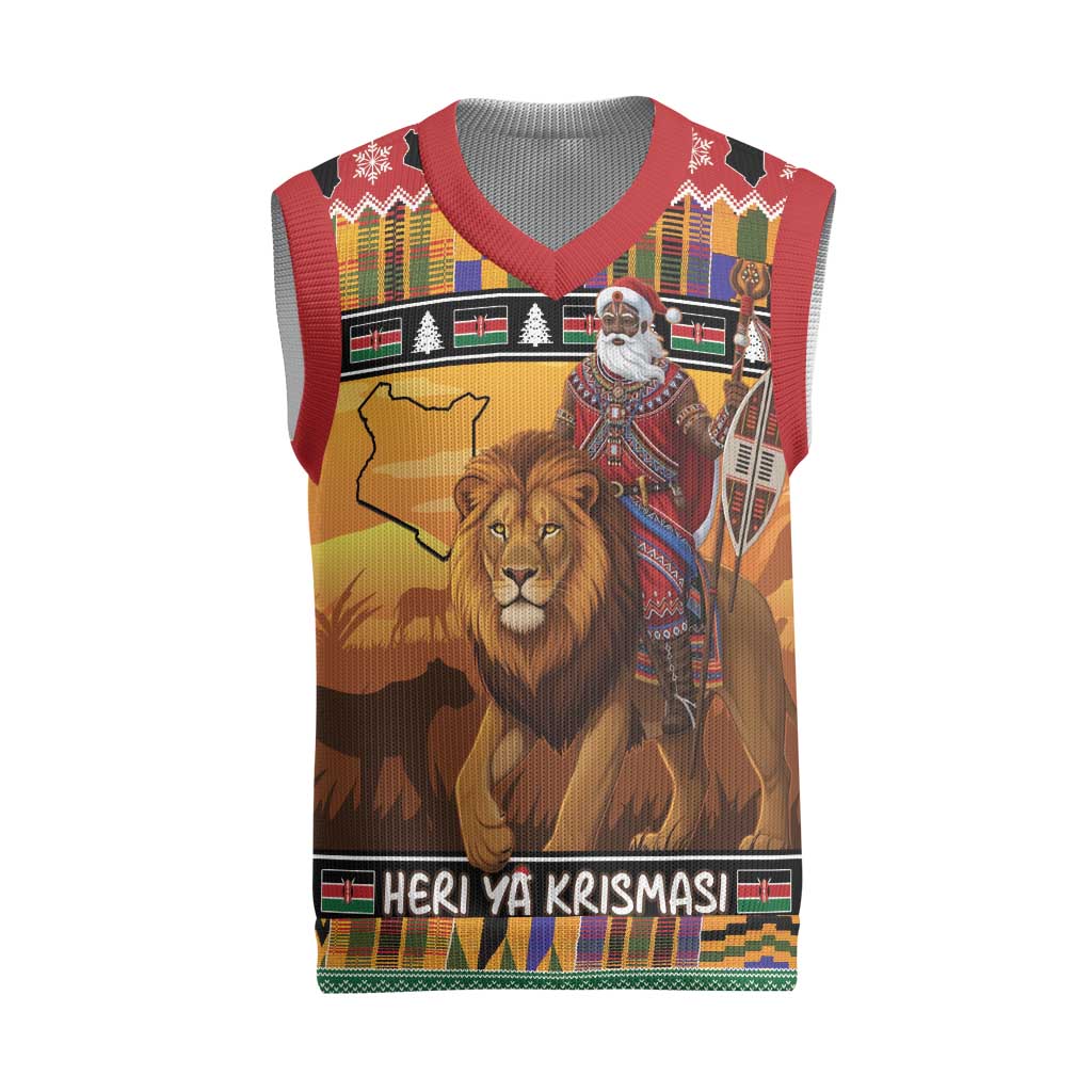 Afro Christmas in Kenya Safari Christmas Knitted V-Neck Vest Black Santa Riding Lion - African Pride