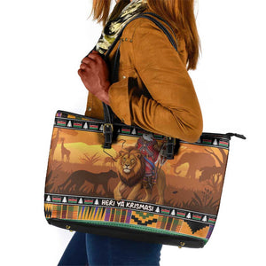 Afro Christmas in Kenya Safari Leather Tote Bag Black Santa Riding Lion - African Pride