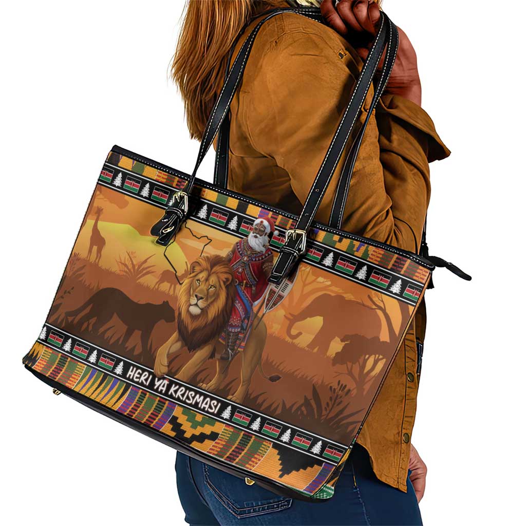 Afro Christmas in Kenya Safari Leather Tote Bag Black Santa Riding Lion - African Pride