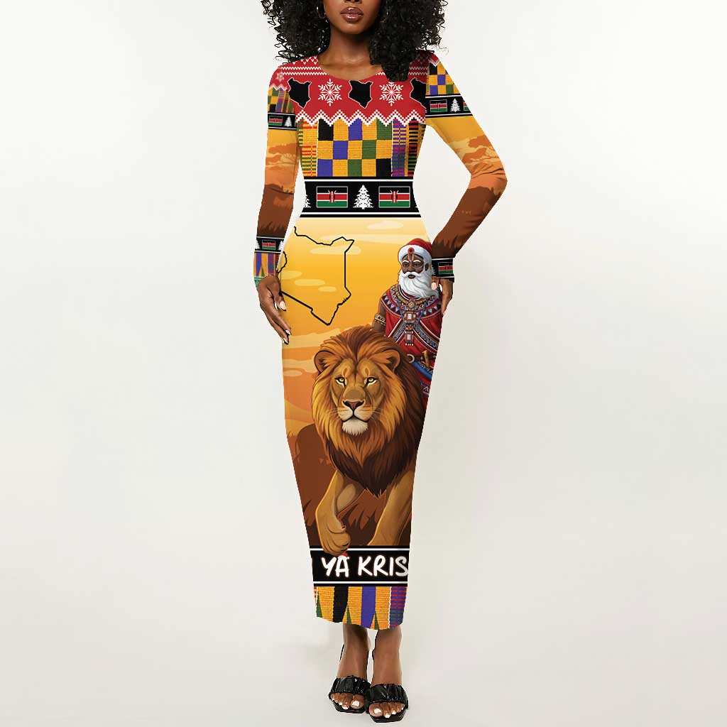 Afro Christmas in Kenya Safari Long Sleeve Bodycon Dress Black Santa Riding Lion - African Pride