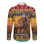 Afro Christmas in Kenya Safari Long Sleeve Button Shirt Black Santa Riding Lion - African Pride