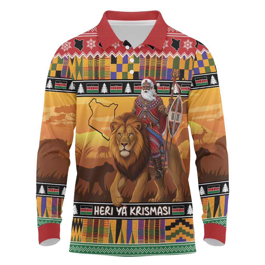Afro Christmas in Kenya Safari Long Sleeve Polo Shirt Black Santa Riding Lion - African Pride