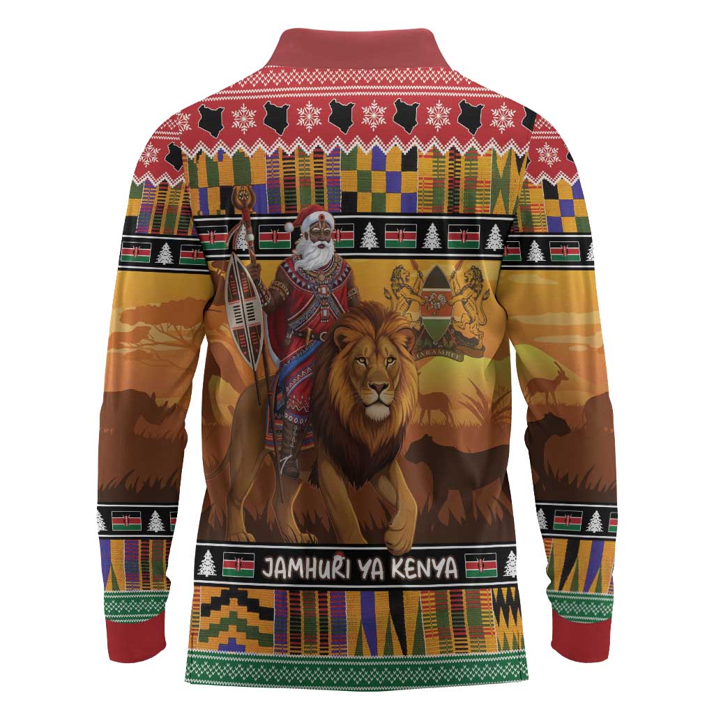 Afro Christmas in Kenya Safari Long Sleeve Polo Shirt Black Santa Riding Lion - African Pride