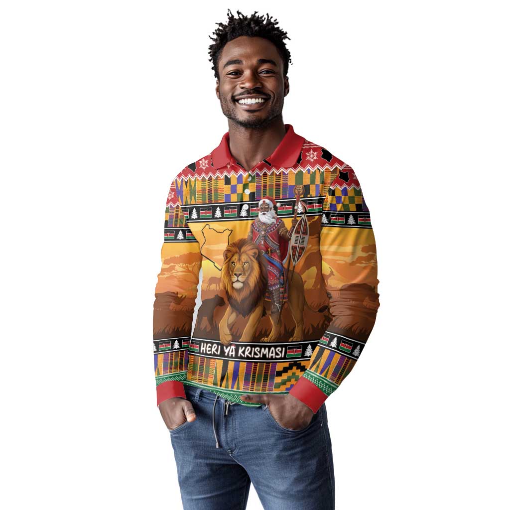 Afro Christmas in Kenya Safari Long Sleeve Polo Shirt Black Santa Riding Lion - African Pride