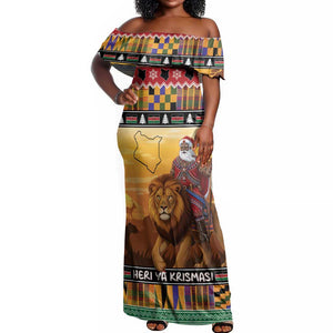Afro Christmas in Kenya Safari Off Shoulder Maxi Dress Black Santa Riding Lion - African Pride