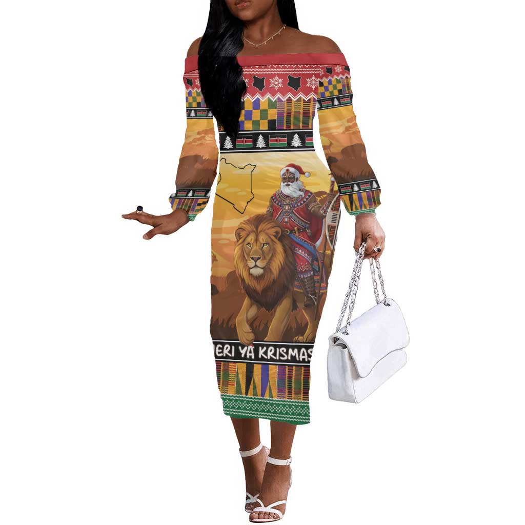 Afro Christmas in Kenya Safari Off The Shoulder Long Sleeve Dress Black Santa Riding Lion - African Pride