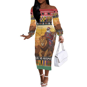 Afro Christmas in Kenya Safari Off The Shoulder Long Sleeve Dress Black Santa Riding Lion - African Pride